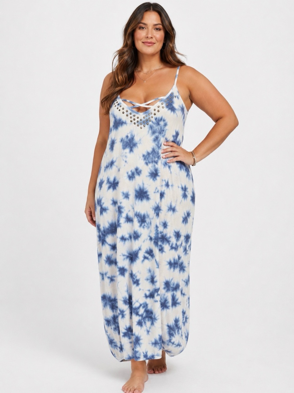 Rock & Republic Tie Dye Studded Maxi Dress Womens 2X Blue Criss Cross
